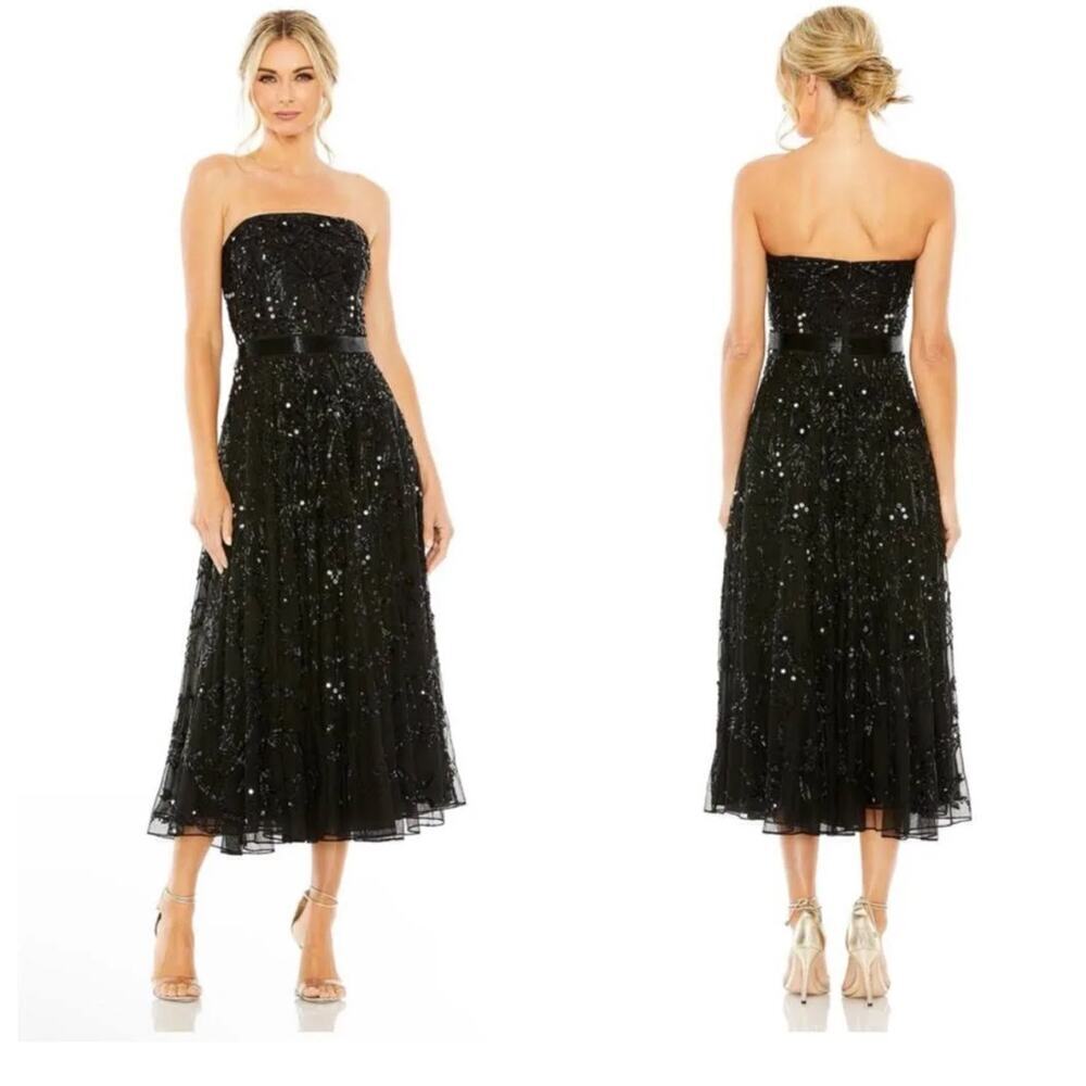 Mac Duggal Black Embellished Mesh Strapless Sequin Beaded Midi Dress Size 8 NWT